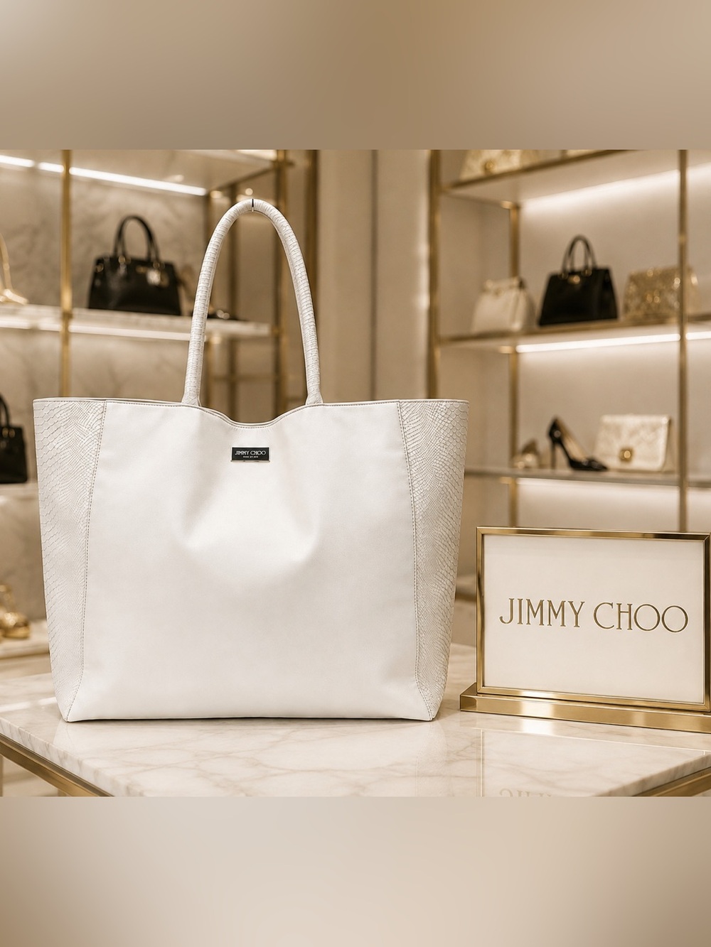 NWT Jimmy Choo Parfums Ivory White Cream Faux Leather Snakeskin Tote Bag Large